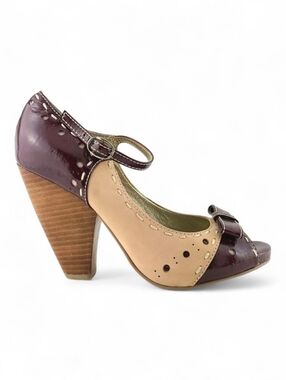 Seychelles Retro Asterisk Pumps Heels Nude Patent Burgundy Peep Toe Size 8